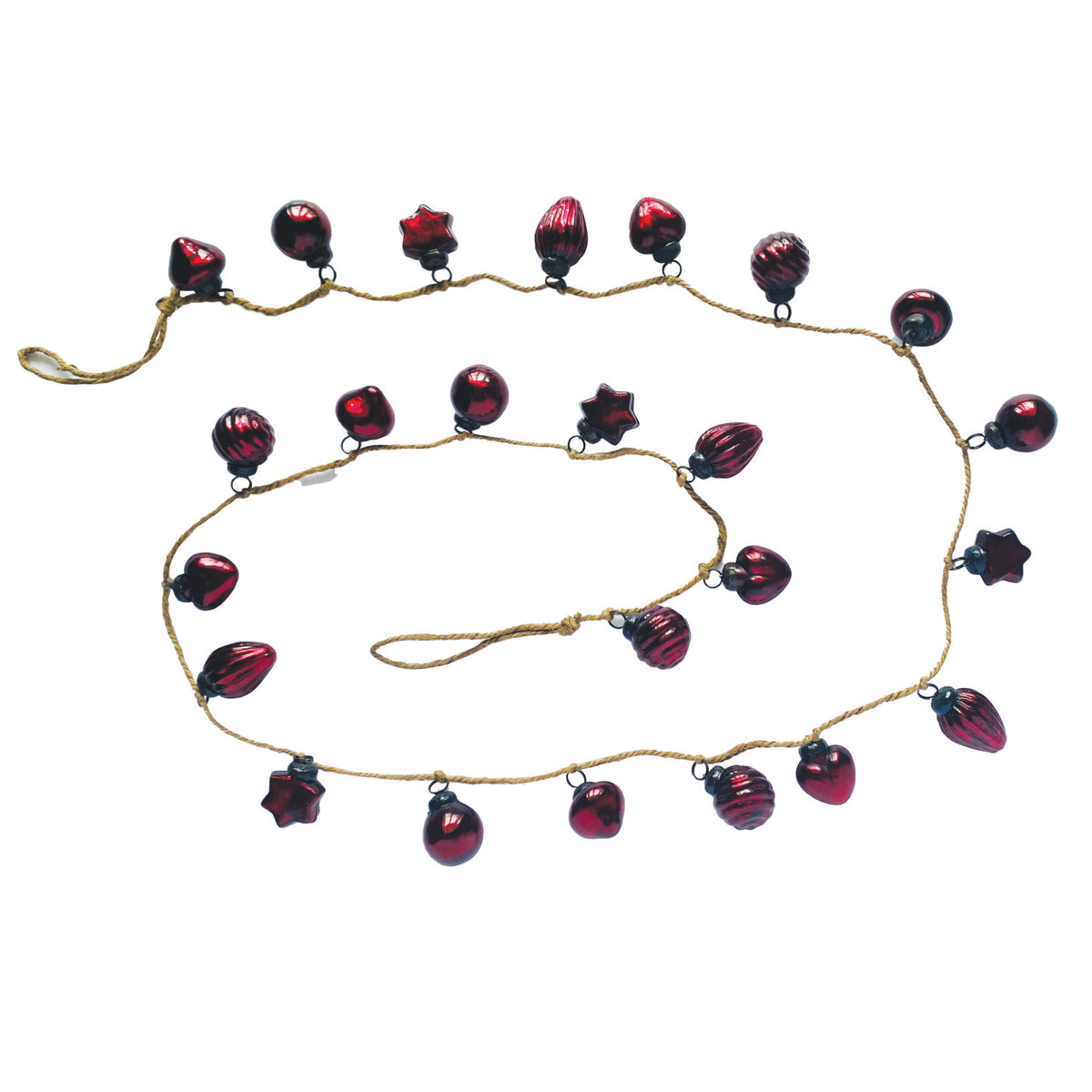 Mercury Glass Ornament Garland w/ Jute Cord, Burgundy, 72