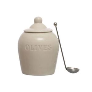 Olives" Stoneware Jar w/ Spoon, 4"Rnd, beige ceramic kitchen container with matching lid and small metal spoon, perfect for stylish kitchen decor and entertaining from Knotty and Board.