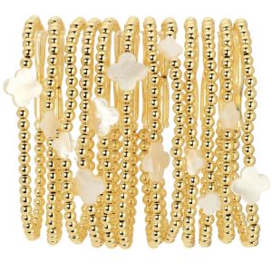 Quatrefoil and Bead Stretch Bracelet, 4mm, Gold, Priced individually, featuring delicate gold beads and white quatrefoil charms, perfect for stylish jewelry gifts from Knotty and Board.