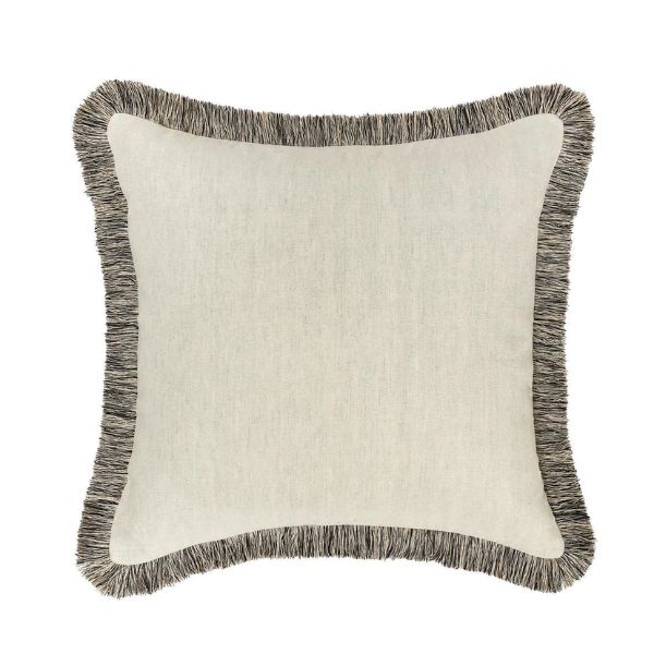 Nola Pillow, Natural and Black, 24 X 24 in. featuring a soft natural fabric center with black fringe trim, perfect for adding subtle decor and style to any room. Every Room Needs A Little Knotty and Board.