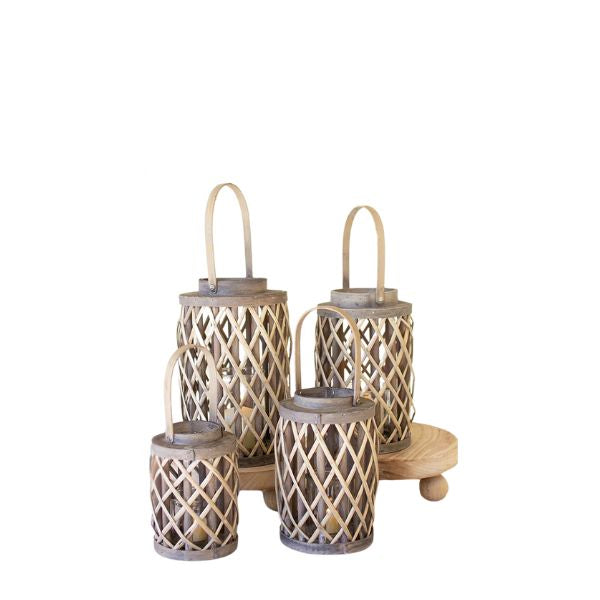 Set of four Grey Willow Cylinder Lanterns w/ Glass Inserts, Large, 19.5 in., with woven willow design perfect for stylish decor, candles, and entertaining gifts from Knotty and Board.