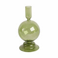 Glass Bubble Taper Candle Holder, Olive, 7 in. features a rounded bubble design in olive green glass, perfect for adding stylish decor and ambiance to any kitchen or dining space.