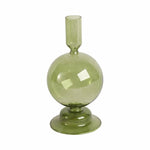 Glass Bubble Taper Candle Holder, Olive, 7 in. features a rounded bubble design in olive green glass, perfect for adding stylish decor and ambiance to any kitchen or dining space. 1