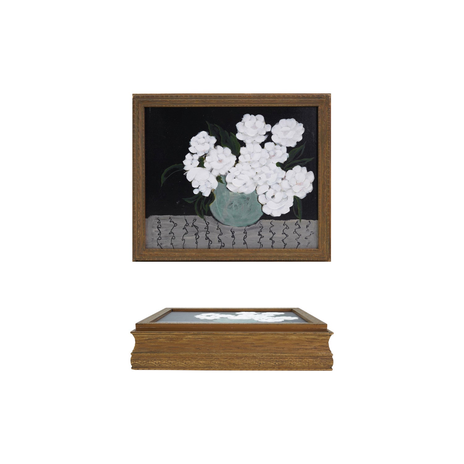 Hand Painted Wood Box with 3 Compartments, 14"x 3", featuring a floral design on the lid with white flowers in a green vase, perfect for unique decor and gifts from Knotty and Board.