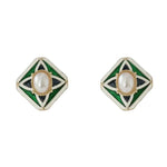 Chic Geometric Pearl Drop Earrings featuring white pearls set in a green and black geometric enamel design, perfect as stylish jewelry gifts from Knotty and Board. 1