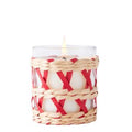Mer-Sea, Voyager, Seagrass Candle, 4 oz in a clear glass holder wrapped with natural and red seagrass, lit candle perfect for cozy decor and thoughtful gifts from Knotty and Board.