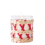 Mer-Sea, Voyager, Seagrass Candle, 4 oz in a clear glass holder wrapped with natural and red seagrass, lit candle perfect for cozy decor and thoughtful gifts from Knotty and Board. 1