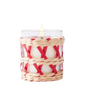 Mer-Sea, Voyager, Seagrass Candle, 4 oz in a clear glass holder wrapped with natural and red seagrass, lit candle perfect for cozy decor and thoughtful gifts from Knotty and Board.
