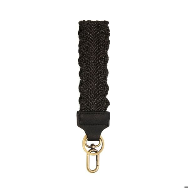 Easy Find Wristlet, Black Scalloped Straw with a textured woven design and gold-tone hardware, perfect for stylishly securing keys or small essentials from Knotty and Board.