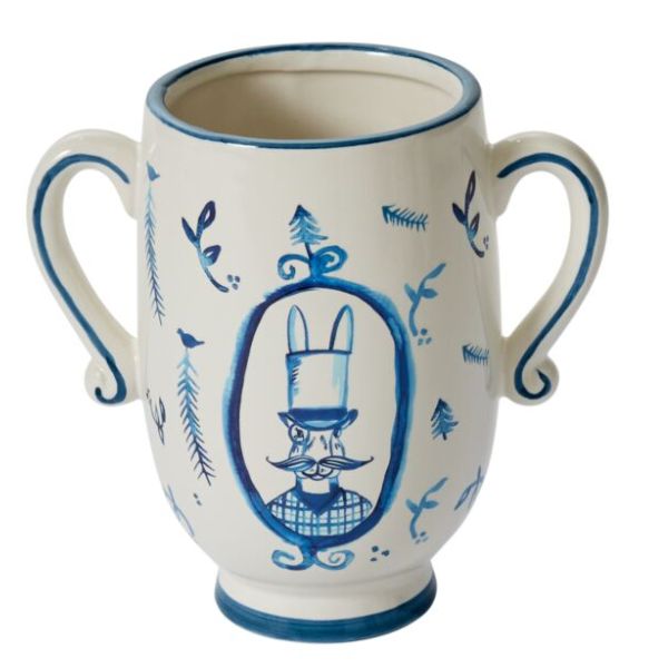 Ceramic decorative pot with whimsical blue hand-painted design featuring a character portrait, styled as E&E Portrait Pot, Eric, 7 X 4 X 6.75, perfect for Knotty and Board decor gifts.