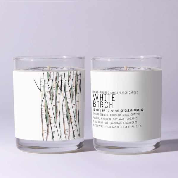 Two hand-poured Just Bee White Birch Candle, 7 oz glass candles with birch tree design labels, perfect for home decor, gifts, or kitchen ambiance from Knotty and Board.