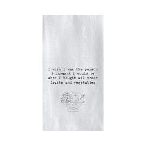 White tea towel with black printed text reading 