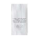 White tea towel with black printed text reading 