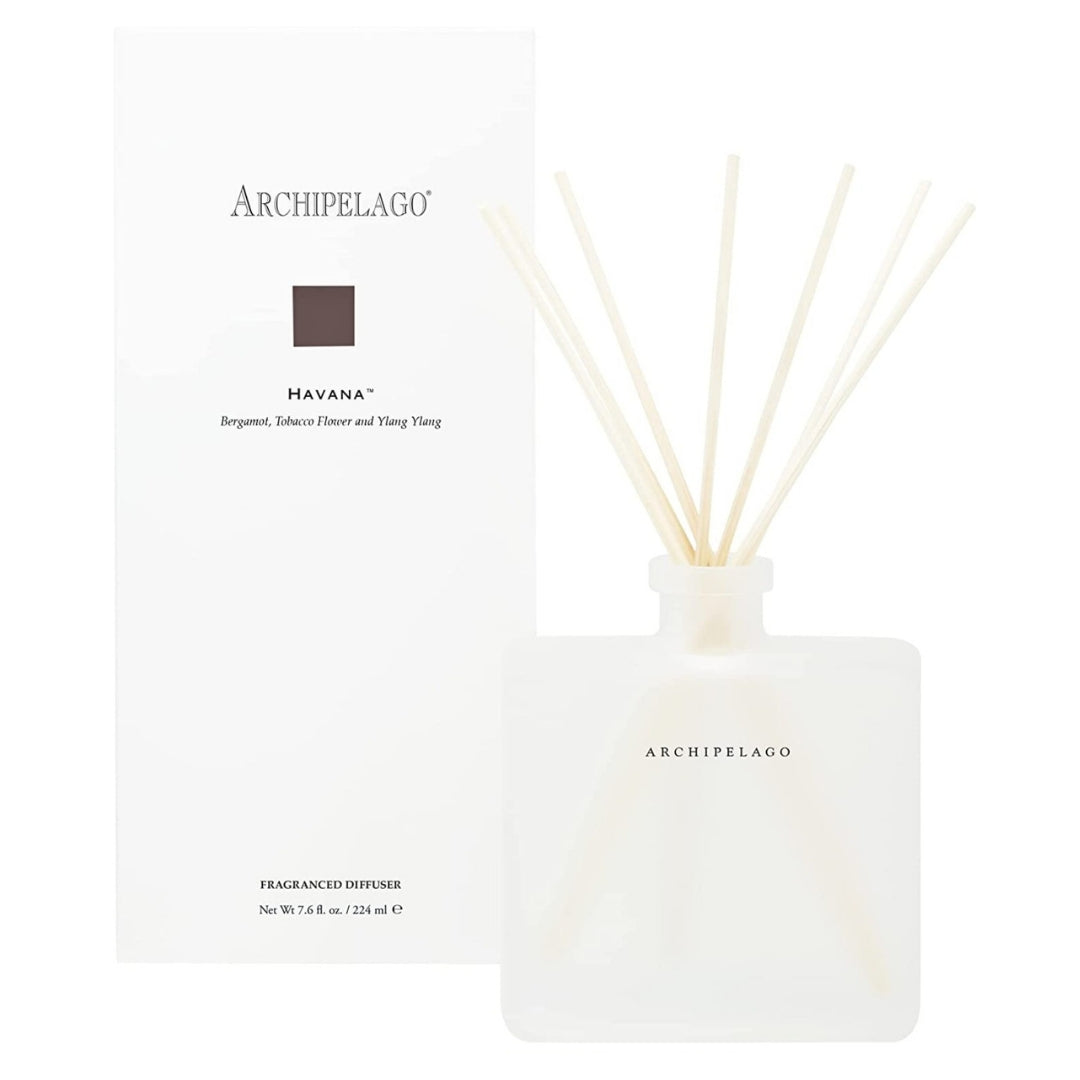 Archipelago Havana Diffuser, 8.2 oz with elegant frosted glass bottle and natural reeds, featuring scents of bergamot, tobacco flower, and ylang ylang for stylish home decor from Knotty and Board.