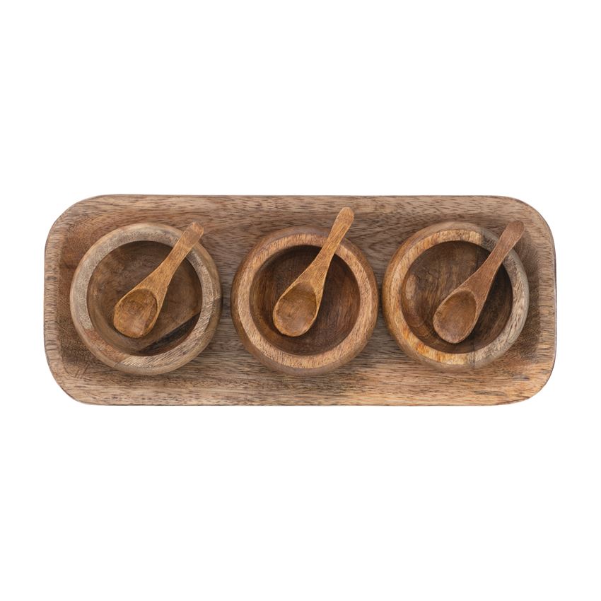 Mango Wood Tray w/ 3 Bowls & 3 Spoons, 13-1/2