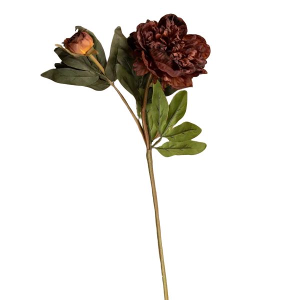Peony Spray, Burgundy, 19 in. with deep burgundy petals and green leaves, perfect for adding elegant decor or gifts to any room, from Knotty and Board. Every Room Needs A Little Knotty and Board.