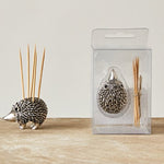 Pewter Hedgehog Toothpick holder with natural wooden toothpicks, styled as a charming kitchen and dining decor gift from Knotty and Board, perfect for entertaining. 2