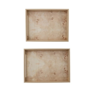 Two natural wood veneer trays with raised edges and cutout handles, showcasing simple and rustic decor ideal for kitchen or entertaining, labeled Wood Veneer Tray, Small, 16 X 12 in.