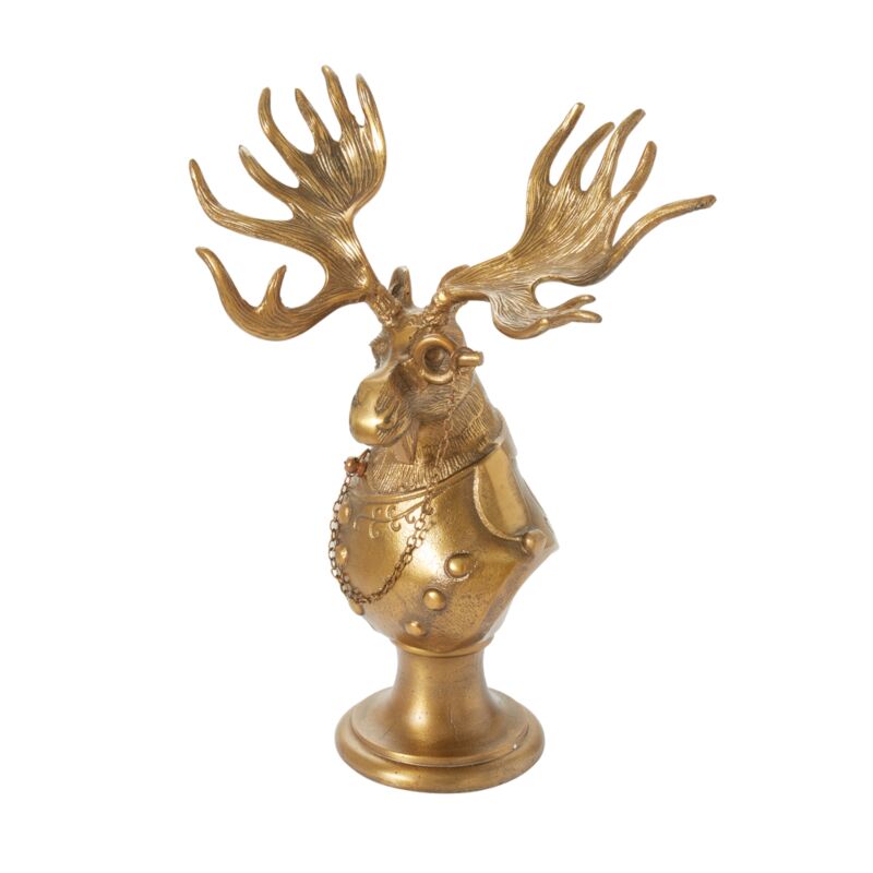 E&E Bust Eugene 14 x 18 x 7.75 showing a decorative gold moose bust with ornate antlers and chain detail, perfect for unique decor or gift ideas from Knotty and Board.