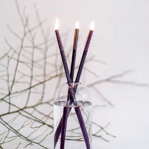 Three lit black everlasting candles arranged in a glass vase, styled with bare branches in the background, showcasing the Everlasting Candle Black, Candles Only, Set of 3.