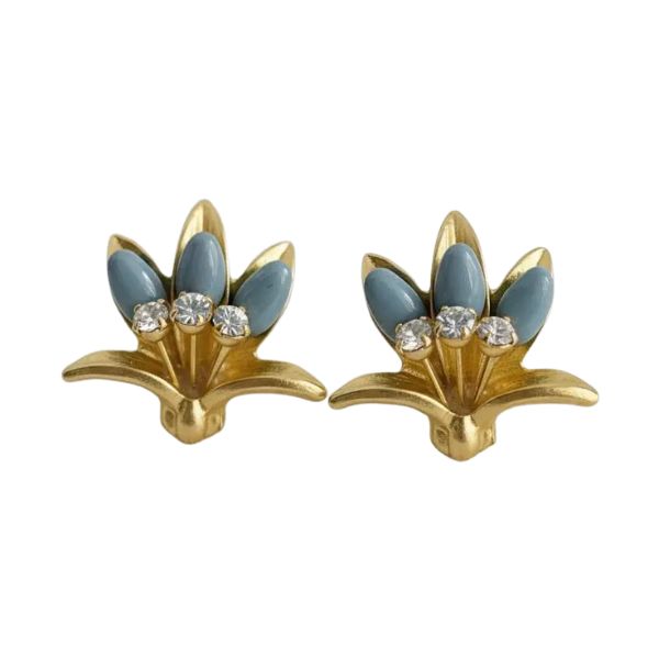 Pair of Vintage Floral Drop Earrings with Blue Accents featuring gold-tone petals and sparkling clear stones, perfect gifts and decor from Knotty and Board.
