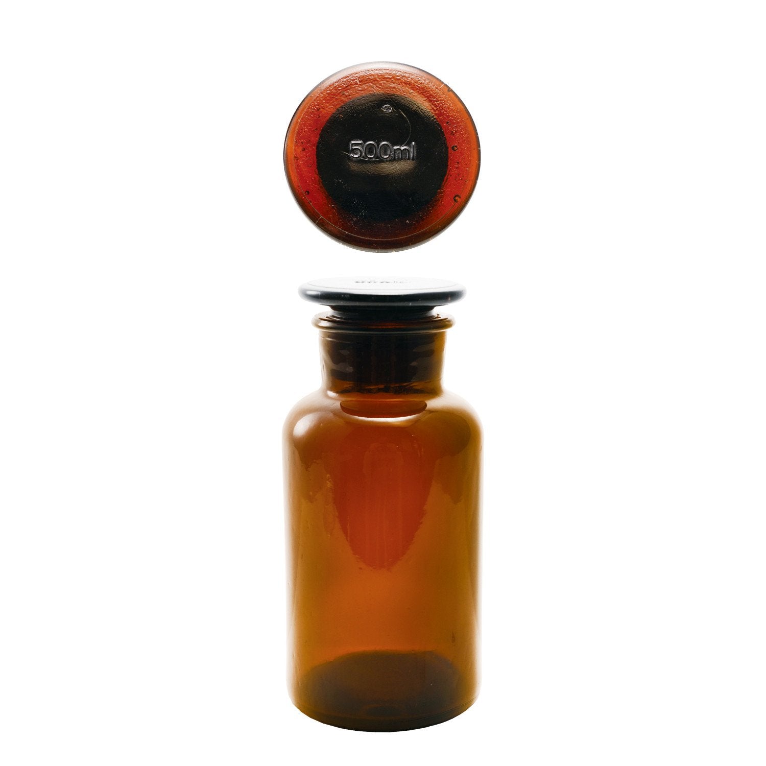 Glass Bottle with Stopper, Brown, 16 oz, amber glass container with a round glass stopper, suitable for kitchen or decor use, offered by Knotty and Board, your source for unique gifts and entertaining essentials.