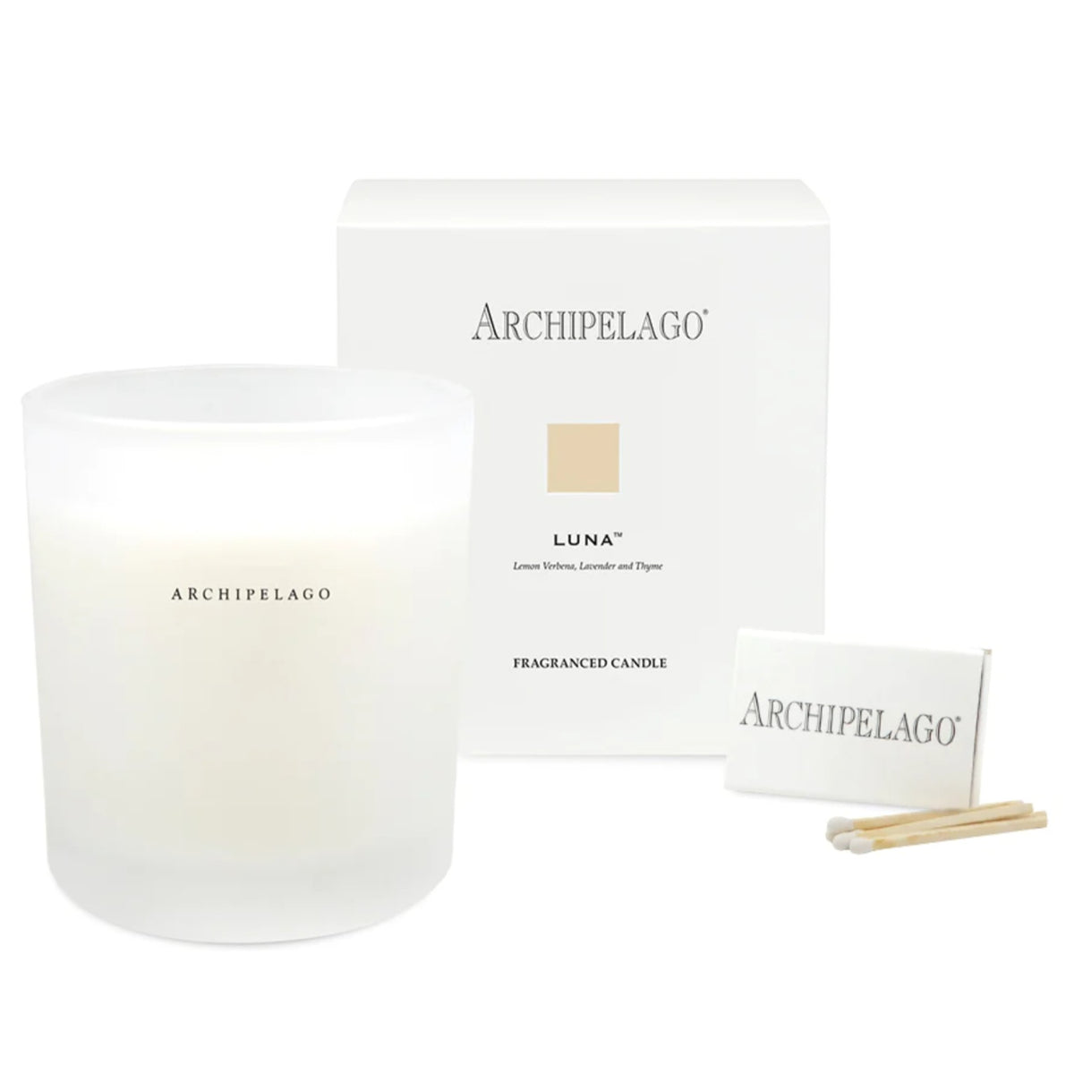 Archipelago Luna Boxed Candle, 10 oz with minimalist white packaging, perfect for adding elegant decor and fragrant ambiance to any kitchen or dining space, available at Knotty and Board.
