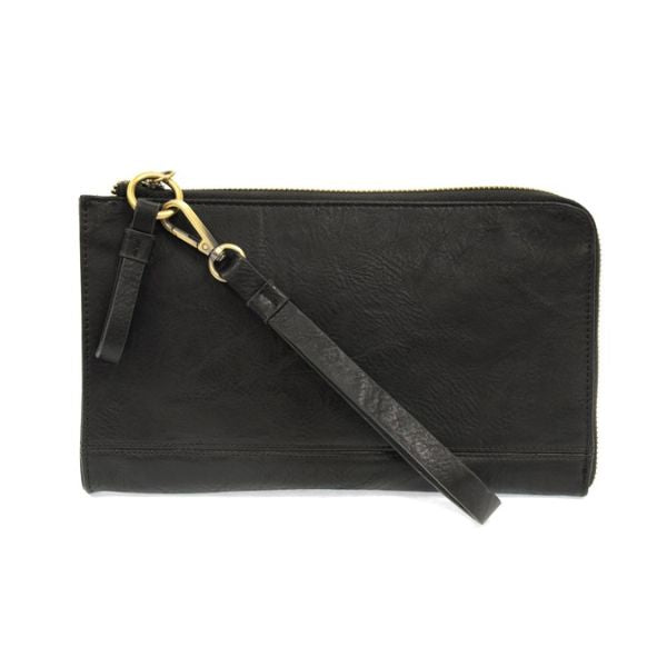 Karina Convertible Wristlet and Wallet, Black, featuring a sleek design with gold hardware and a detachable wrist strap, perfect for stylish gifts or everyday decor enhancements from Knotty and Board.