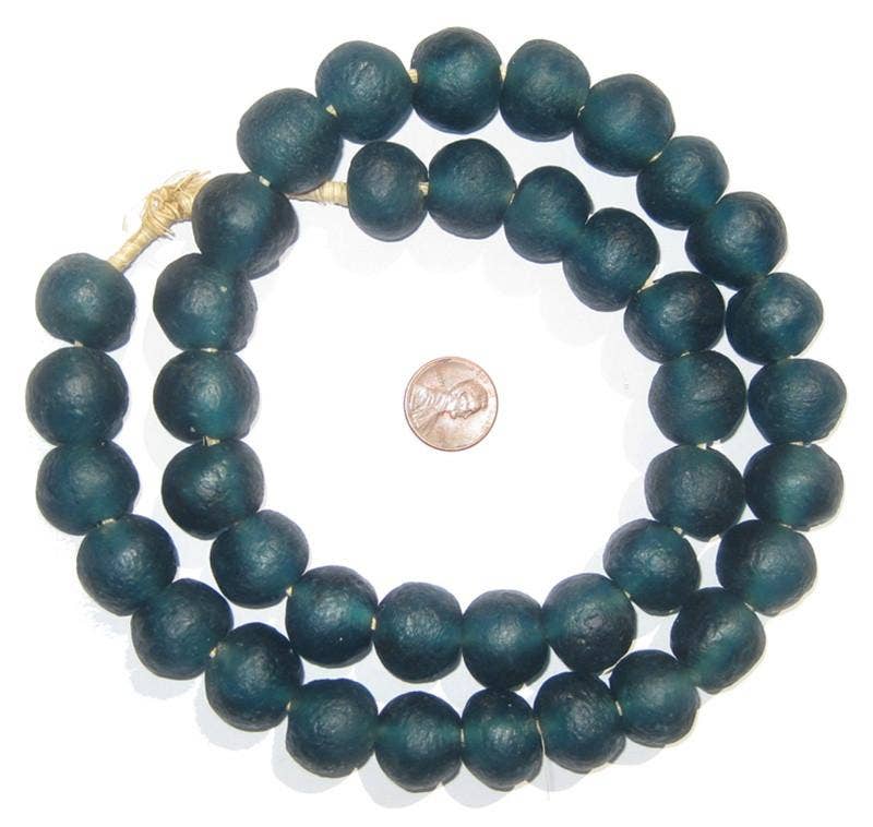 Recycled Glass Beads 18 mm Assorted Colors displayed as a dark teal beaded necklace with large round beads next to a penny for size comparison, ideal for decor or gifts from Knotty and Board.
