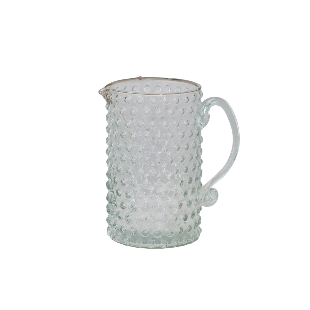 42 oz. Hand-Blown Glass Hobnail Pitcher with clear textured glass and elegant handle, perfect for kitchen decor, entertaining, and gifts from Knotty and Board.