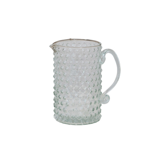 42 oz. Hand-Blown Glass Hobnail Pitcher with clear textured glass and elegant handle, perfect for kitchen decor, entertaining, and gifts from Knotty and Board.