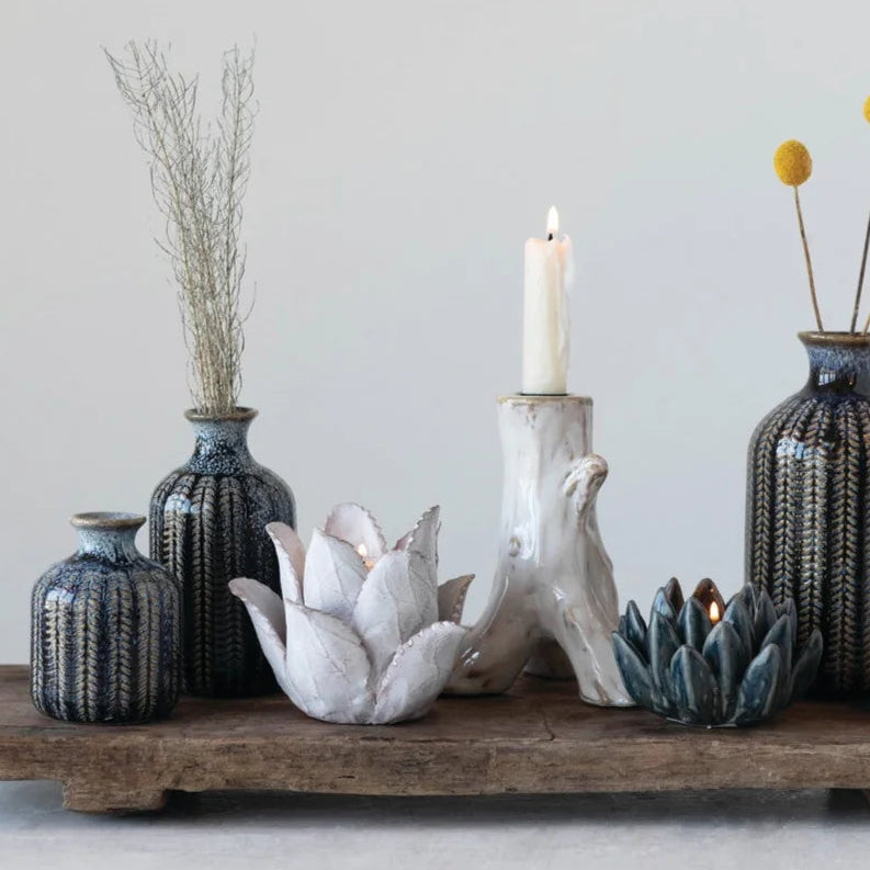 Handmade Terra-cotta Flower Tealight Holder, White
