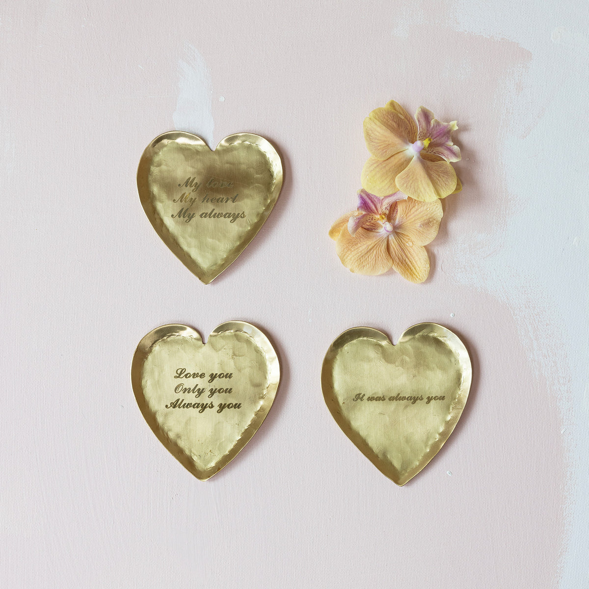 Hammered Brass Heart Shaped Dish with Saying, Assorted, 3.5 in.