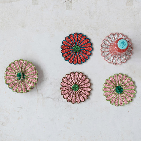 Glass Beaded Flower Shaped Coasters, Set of 4, 4"Rnd