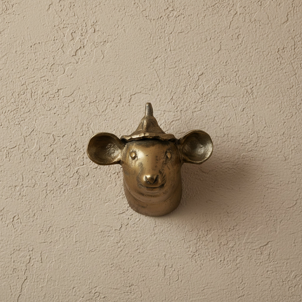 Brass Wall Mount, Mouse Head with Hat, 5.75 X 4.75 X 5.75 in.
