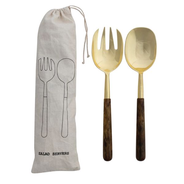 Elegant Salad Servers with Resin Handles, Set of Two featuring gold-toned heads and dark resin handles, accompanied by a natural fabric storage pouch, perfect for kitchen and dining decor.
