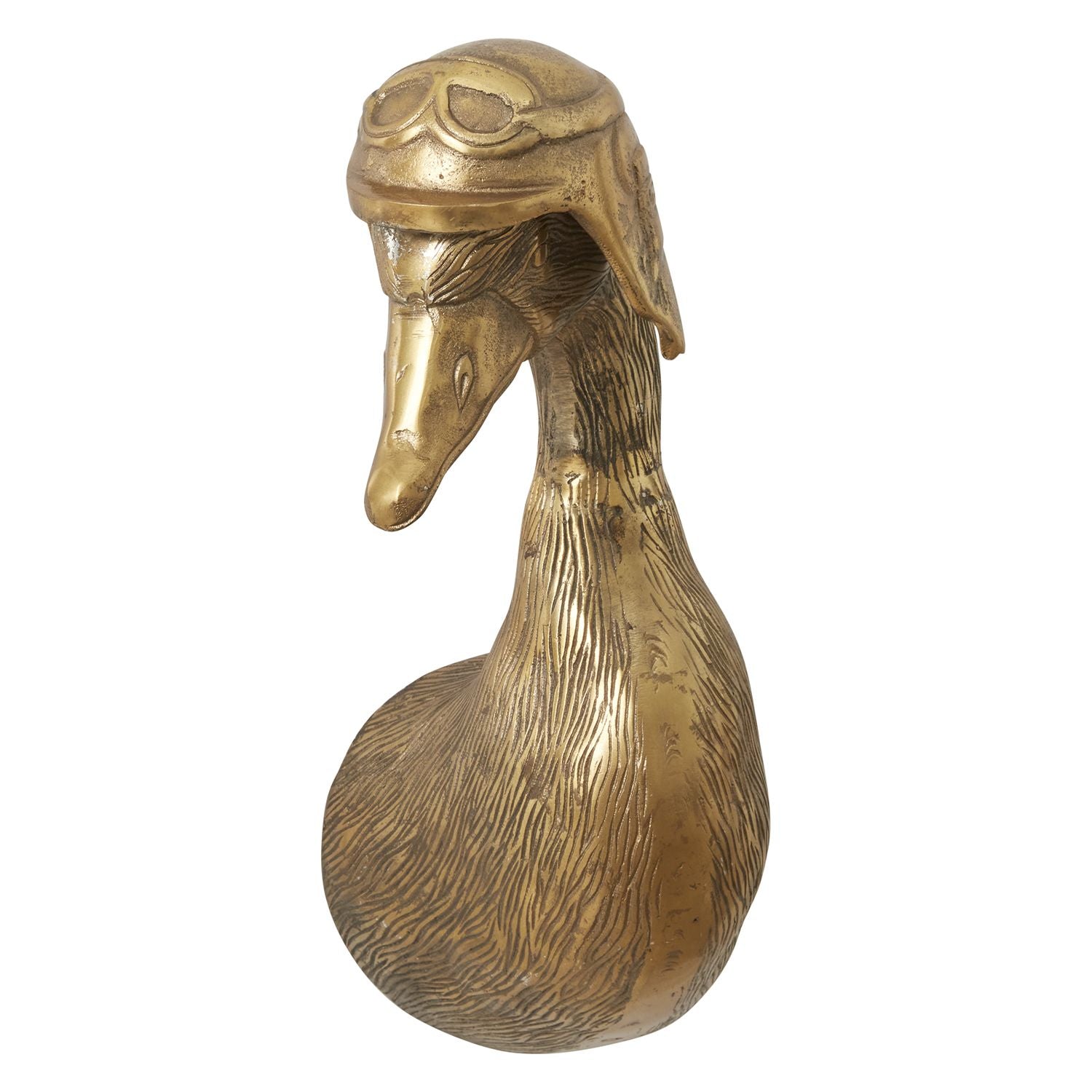 E&E Brass Wall Mount, Charlie, Available for local pick up only, features a detailed brass duck head wearing an aviator helmet, perfect for unique Knotty and Board decor or gifts.