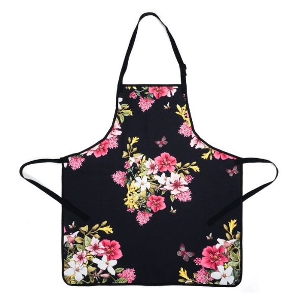 Black Floral Bouquet Apron featuring vibrant pink and white flowers with green leaves on a black background, perfect for kitchen decor and entertaining by Knotty and Board.