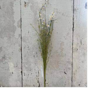 Wildflower Spray, 24 in., Pearly with delicate white blooms and green foliage displayed against a rustic white wooden background, perfect for adding charm to home decor.