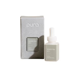 Pura Refill, White Tea No. 1 bottle with dropper beside matching gray box, elegant design perfect for home decor and gifts, available at Knotty and Board.