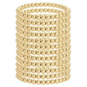 Stack of shiny gold stretch bead bracelets with 6mm beads, perfect as elegant jewelry gifts, featured by Knotty and Board, ideal for adding style to any outfit, priced individually.