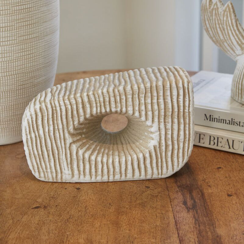 Allegory Sculpture 9.5 x 3 x 5.75 in textured light beige stone with a central hole, styled on wooden table alongside books and neutral-toned decor, perfect for elegant home decor.