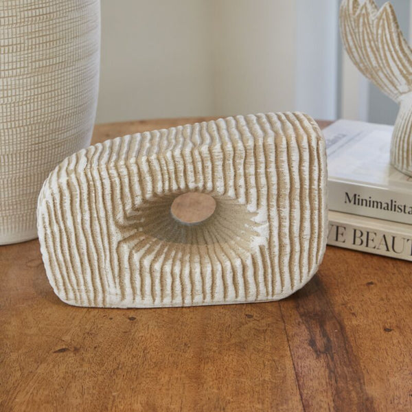Allegory Sculpture 9.5 x 3 x 5.75 in textured light beige stone with a central hole, styled on wooden table alongside books and neutral-toned decor, perfect for elegant home decor.