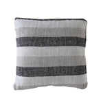 Aubange Handwoven Linen Pillow, 20 X 20 in. with horizontal black, gray, and beige stripes, perfect for adding a cozy, stylish touch to home decor from Knotty and Board. Every Room Needs A Little Knotty and Board. 1