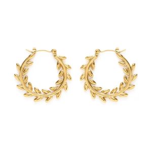 Olive Branch Hoops, 1.25 in. gold-tone hoop earrings designed with an intricate olive branch pattern, perfect as a stylish jewelry gift or decor accessory.