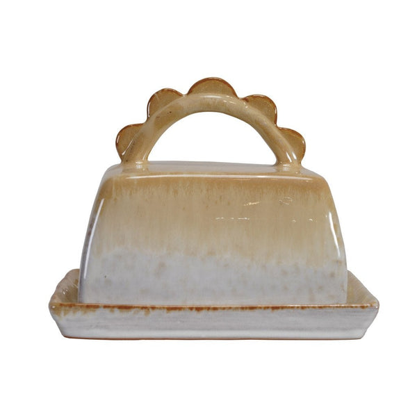 Butter Dish with Scalloped Handle, 7"x 5" in a glazed ceramic finish, ideal for kitchen decor or gifting, from Knotty and Board - Every Room Needs A Little Knotty and Board.