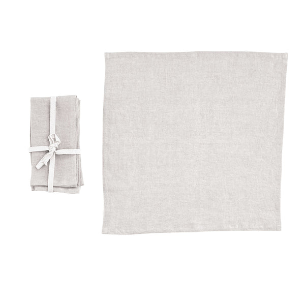 Stonewashed Square Linen Napkin Set, Ivory, 18 in. displayed with one napkin unfolded and three neatly folded and tied, perfect for kitchen and dining decor from Knotty and Board.