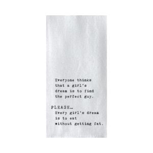 White kitchen tea towel with black printed humorous text reading 