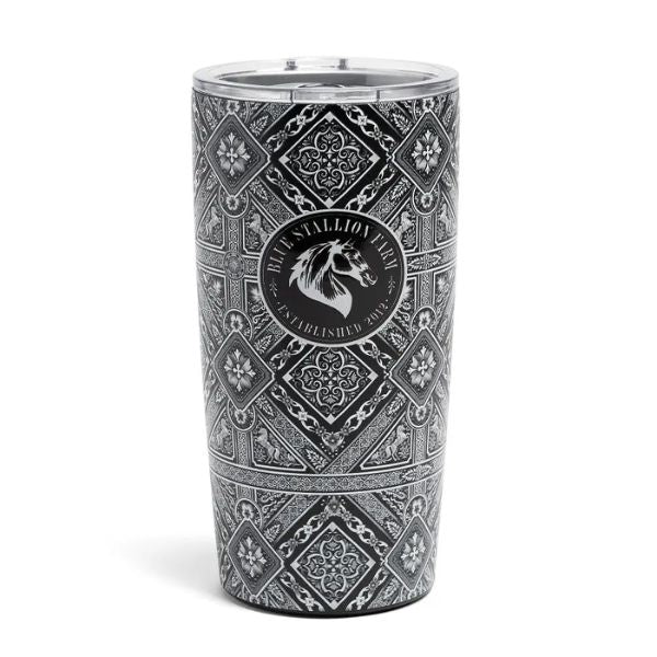 Mosaic Tumbler, Black, 20 oz with intricate geometric patterns and a central emblem featuring a horse, stylish drinkware perfect for kitchen decor or gifts from Knotty and Board.