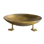 Decorative gold metal bowl with detailed duck feet supporting the base, perfect for kitchen or dining gifts, called Iron Accent Trays with Duck Feet, Gold, 12 in. 1